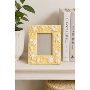 Vintage Nautical Seashell Picture Frame Yellow Resin Coastal Beach Cottage Decor